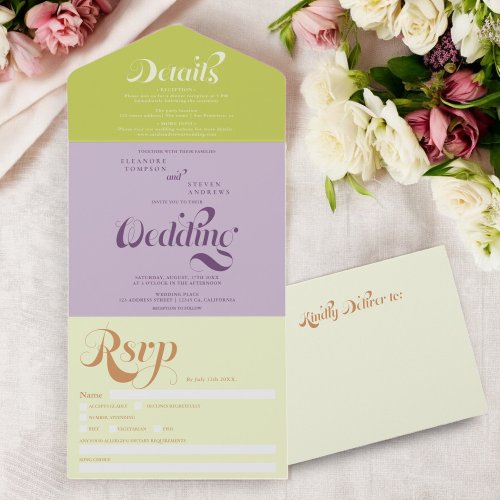 Retro boho green purple script chic wedding all in one invitation