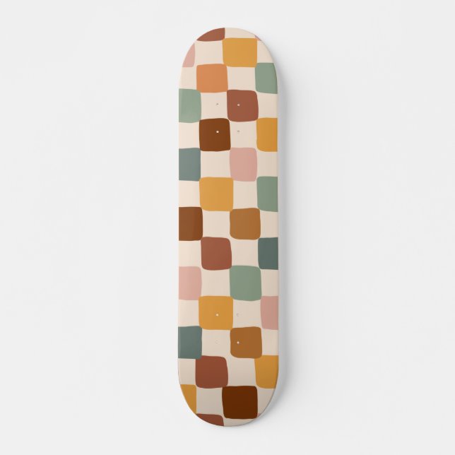 Retro Boho Groovy Checkered Colorful Bohemian 70s Skateboard (Front)