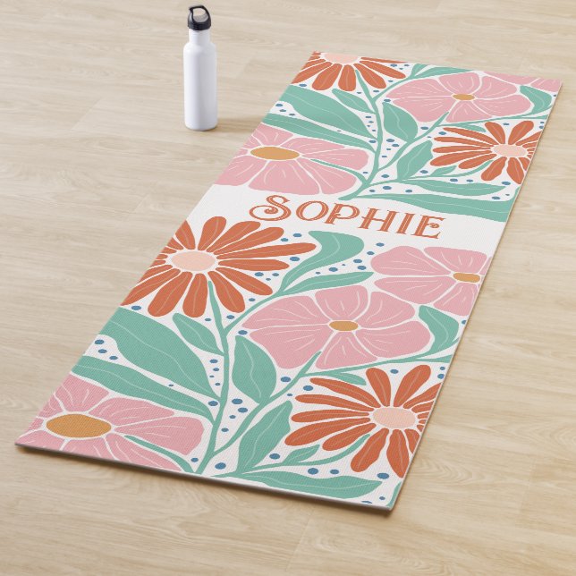 Retro Boho Groovy Flowers Personalized Yoga Mat (In Situ)