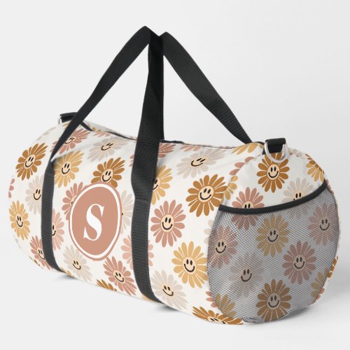 Retro Boho Happy Daisy Pattern Monogrammed Duffle Bag