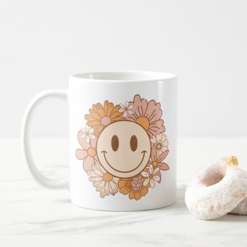 Retro Boho Happy Face Cute Blush Floral Coffee Mug