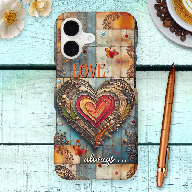 Retro Boho Heart Abstract Art Phone Case (Phone case featuring an abstract boho chic design with an image of a heart with butterflies)