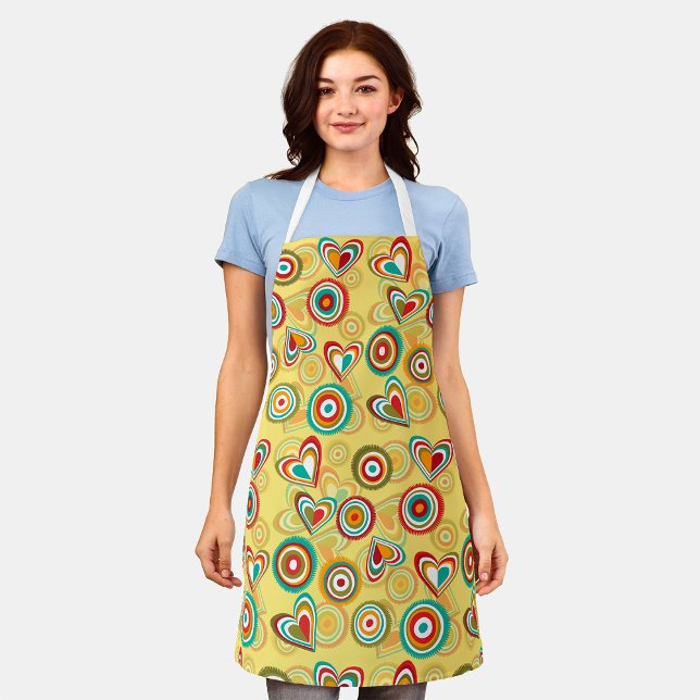 Retro Boho Hearts and Circles 70s Groovy Pattern  Apron (Creator Uploaded)