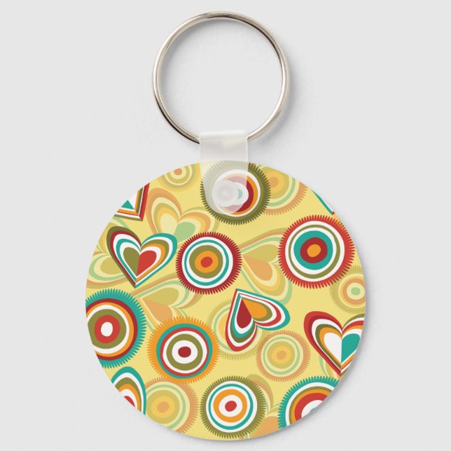Retro Boho Hearts and Circles 70s Groovy Pattern  Keychain (Front)
