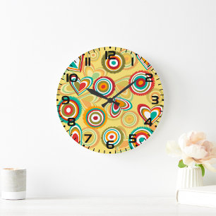 Retro Boho Hearts and Circles 70s Groovy Pattern  Large Clock