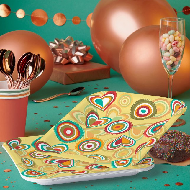 Retro Boho Hearts and Circles 70s Groovy Pattern  Paper Plates (Creator Uploaded)