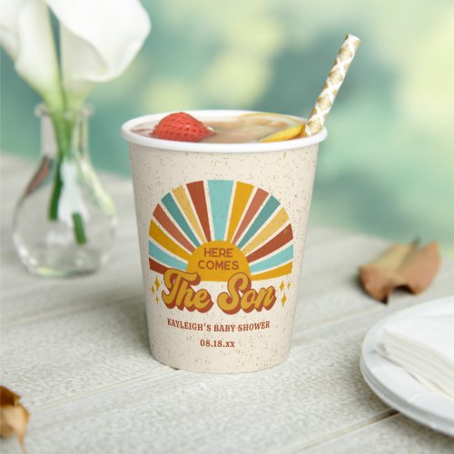 Retro Boho Here Comes the Son Baby Shower Paper Cups