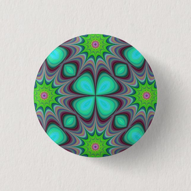 Retro Boho Hippie Green Clover Psychedelic Mandala Button (Front)