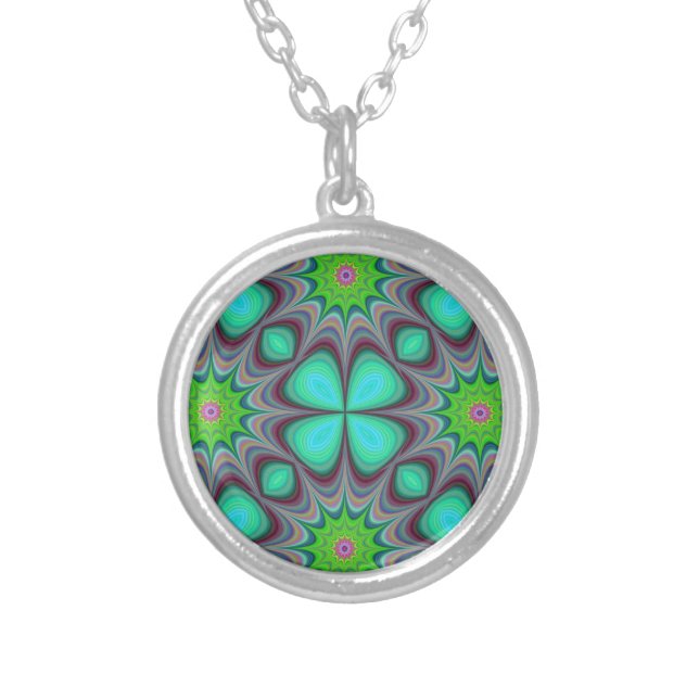 Retro Boho Hippie Green Clover Psychedelic Mandala Silver Plated Necklace (Front)