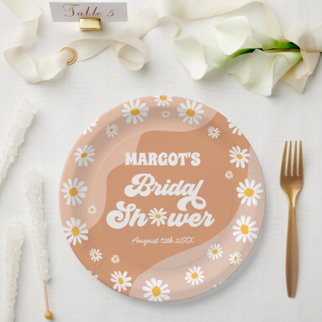 Retro Boho Hippy Daisy Bridal Shower Decorations Paper Plates (Wedding)