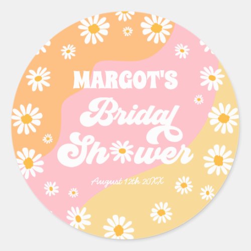 Retro Boho Hippy Daisy Bridal Shower Favor Classic Round Sticker