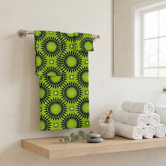 Retro Boho Lime Green Black Geometric Mandala Bath Towel Set (Creator Uploaded)