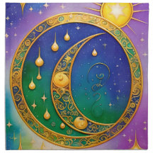 "Retro Boho Linen Napkin Vintage Sun Moon Stars