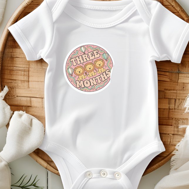 Retro Boho Lion Trio Baby Three Months Milestone Classic Round Sticker (Creator Uploaded)
