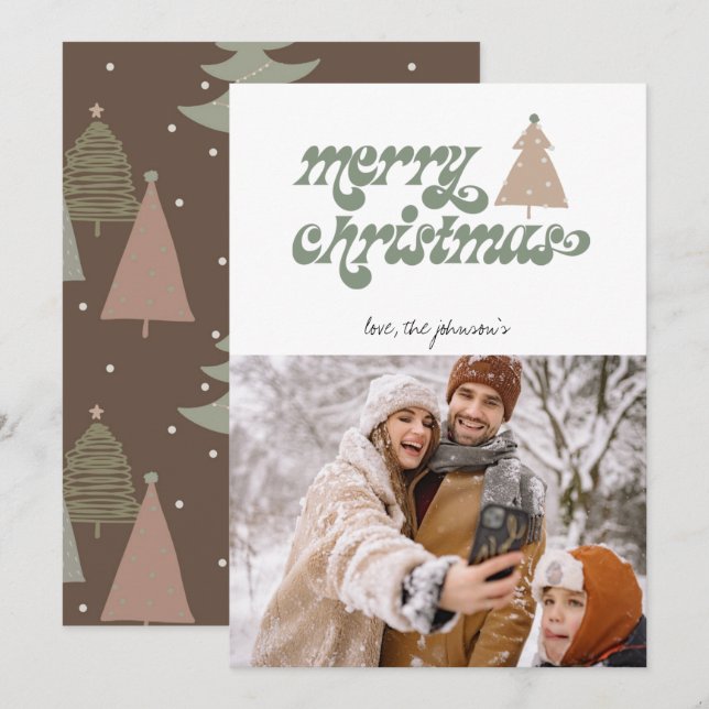 Retro Boho Merry Christmas Photo Holiday Card (Front/Back)