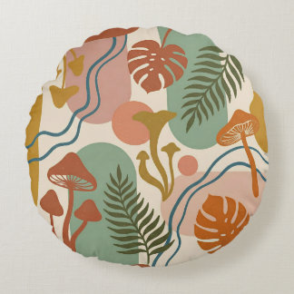 Retro Boho Mushroom & Botanical Earth Tones Round Pillow