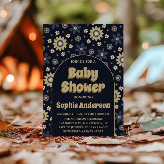 Retro Boho Navy Floral Arch Baby Shower Invitation (Creator Uploaded)