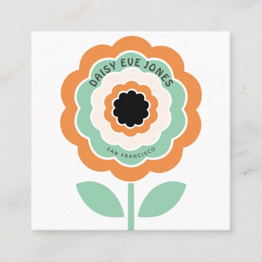 Customizable Retro Boho Orange Black Green Flower Circle Square Business Card