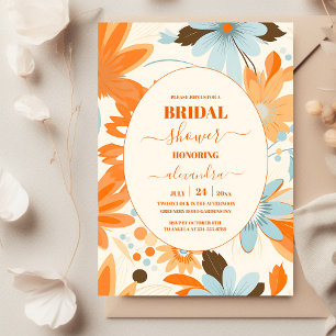 Retro Boho Orange Blue Floral Groovy Wedding Invitation