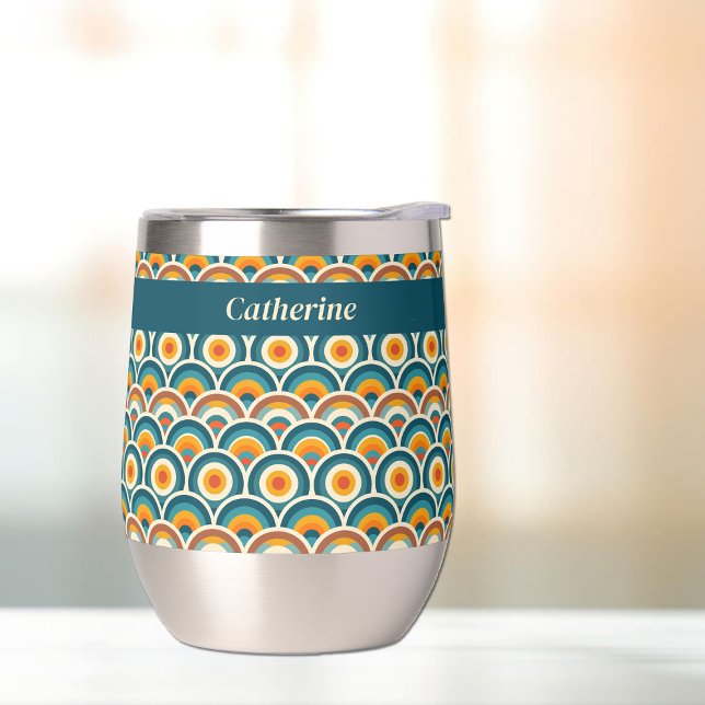 Retro Boho Orange Blue Sun Circle Pattern Thermal Wine Tumbler (Creator Uploaded)