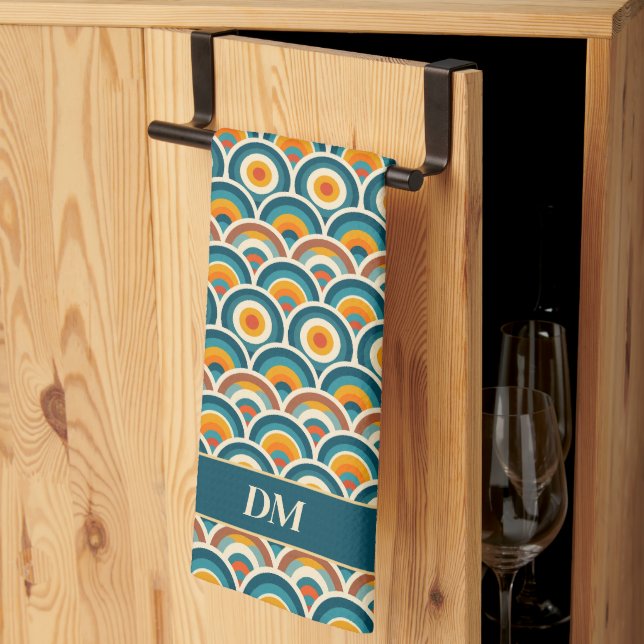 Retro Boho Orange Blue Sun Pattern Monogram Kitchen Towel (Thirds Fold)