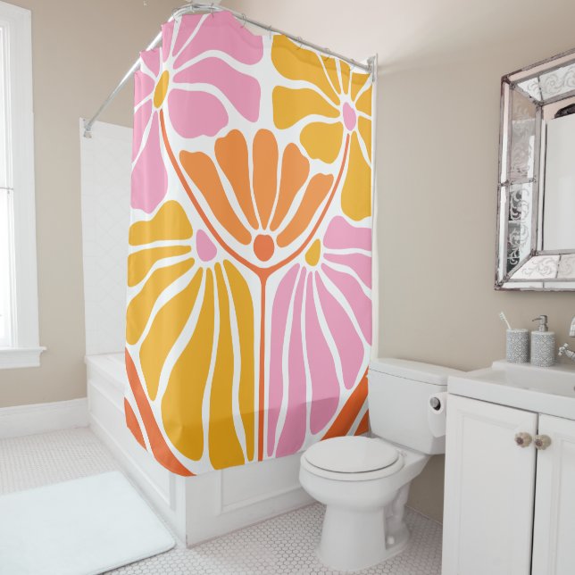 Retro Boho Orange Gold Pink Shower Curtain (In Situ)