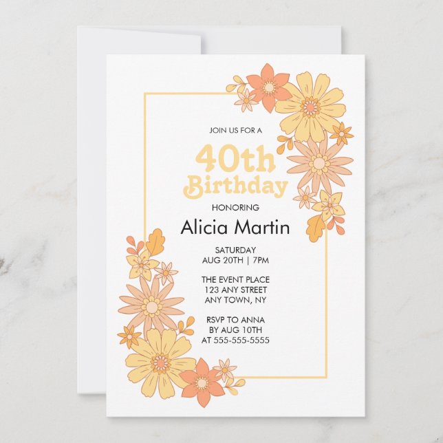 Retro Boho Orange Peach Flora Groovy 40th Birthday Invitation (Front)