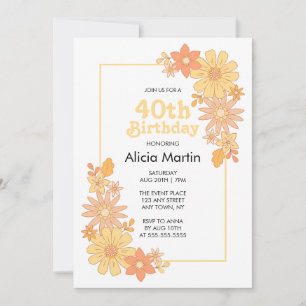 Retro Boho Orange Peach Flora Groovy 40th Birthday Invitation
