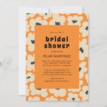 Retro Boho Orange White Floral Bridal Shower Invitation by Celebrais at Zazzle