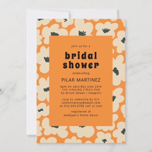 Retro Boho Orange White Floral Bridal Shower Invitation