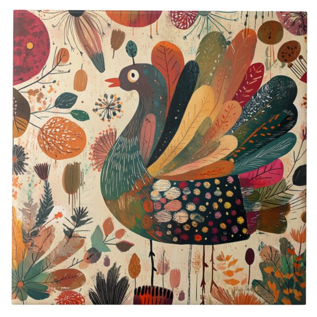 Retro Boho Patchwork Fall Turkey Ceramic Tile (Front)