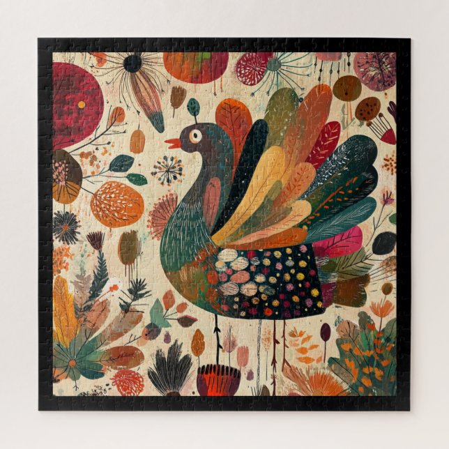 Retro Boho Patchwork Fall Turkey Jigsaw Puzzle (Vertical)