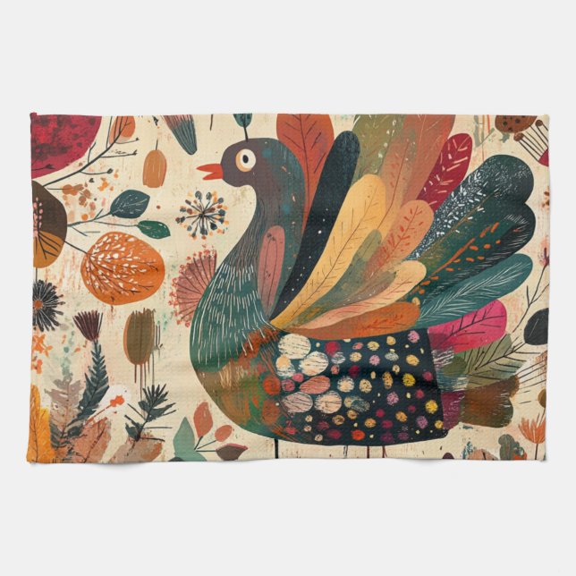 Retro Boho Patchwork Fall Turkey Kitchen Towel (Horizontal)