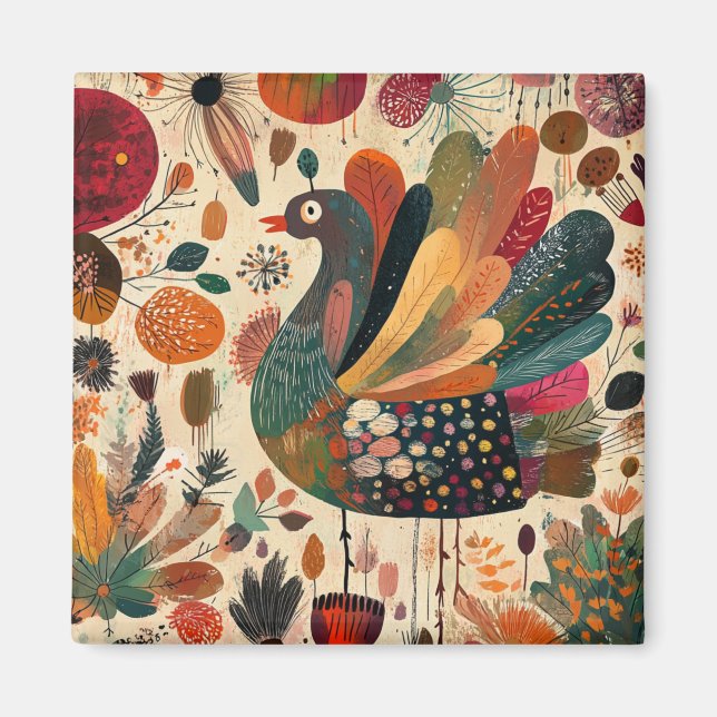 Retro Boho Patchwork Fall Turkey Magnet (Front)