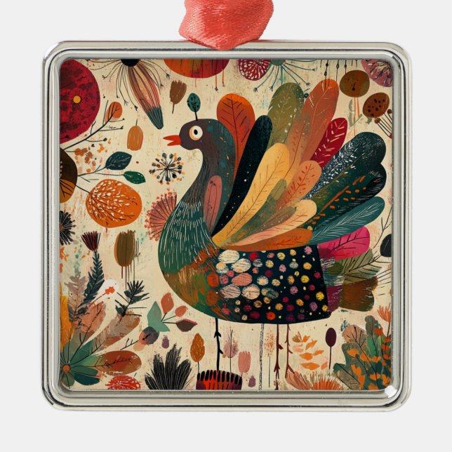 Retro Boho Patchwork Fall Turkey Metal Ornament (Front)