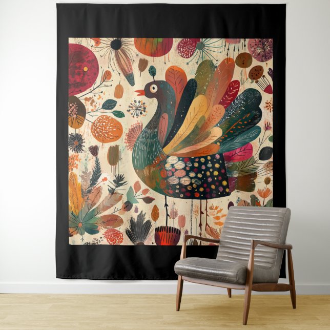 Retro Boho Patchwork Fall Turkey Tapestry (In Situ)