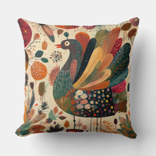Retro Boho Patchwork Fall Turkey Throw Pillow