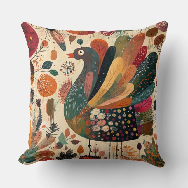 Retro Boho Patchwork Fall Turkey Throw Pillow (Front)