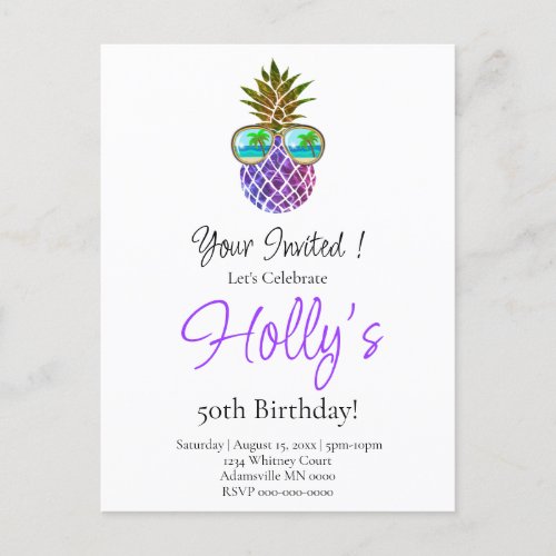 Retro boho pineapple with sunglasses 50th postcard