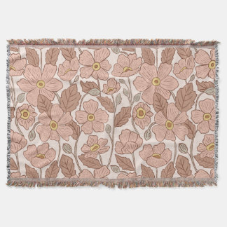 Retro Boho Pink Botanical Illustrated Floral  Throw Blanket