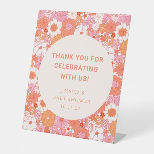 Retro Boho Pink Floral Custom Baby Shower Thanks Pedestal Sign