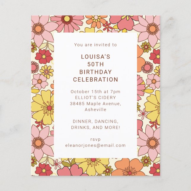 Retro Boho Pink Floral Cute Birthday Party Invite (Front)