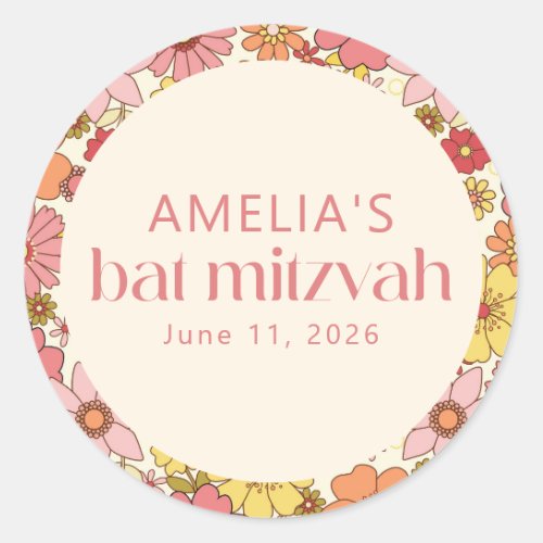 Retro Boho Pink Floral Groovy Bat Mitzvah Custom Classic Round Sticker