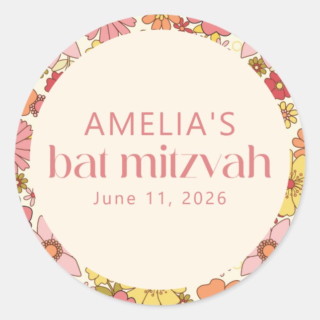 Retro Boho Pink Floral Groovy Bat Mitzvah Custom Classic Round Sticker (Front)