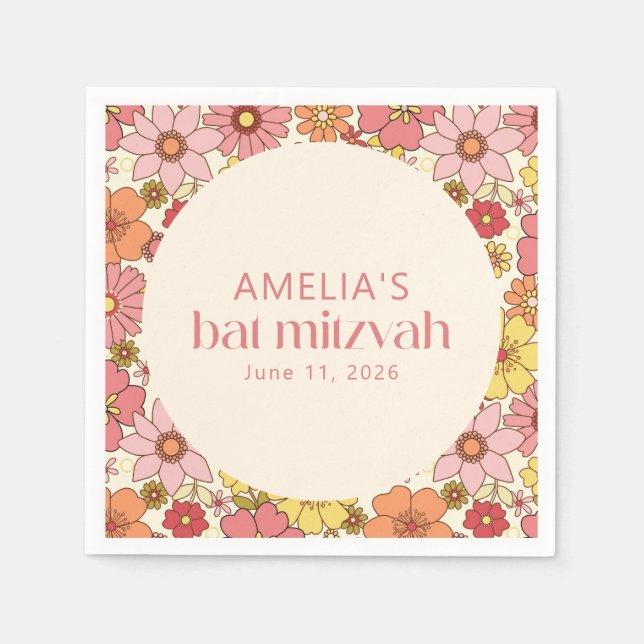 Retro Boho Pink Floral Groovy Bat Mitzvah Custom Napkins (Front)