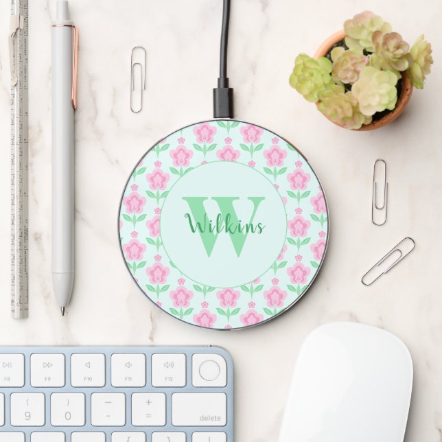 Retro Boho Pink Flowers Monogram Initial Wireless Charger (Desk)
