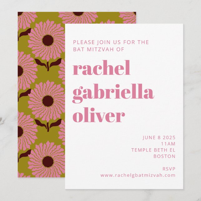 Retro Boho Pink Green Flower Groovy Bat Mitzvah Invitation (Front/Back)