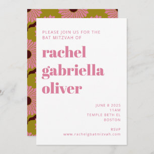 Retro Boho Pink Green Flower Groovy Bat Mitzvah Invitation