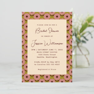 Retro Boho Pink Green Flower Groovy Bridal Shower Invitation