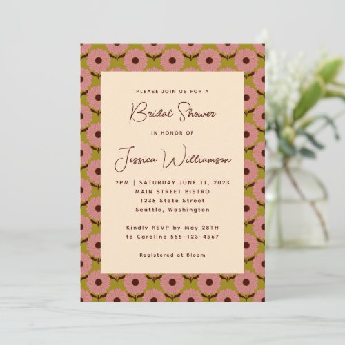 Retro Boho Pink Green Flower Groovy Bridal Shower Invitation